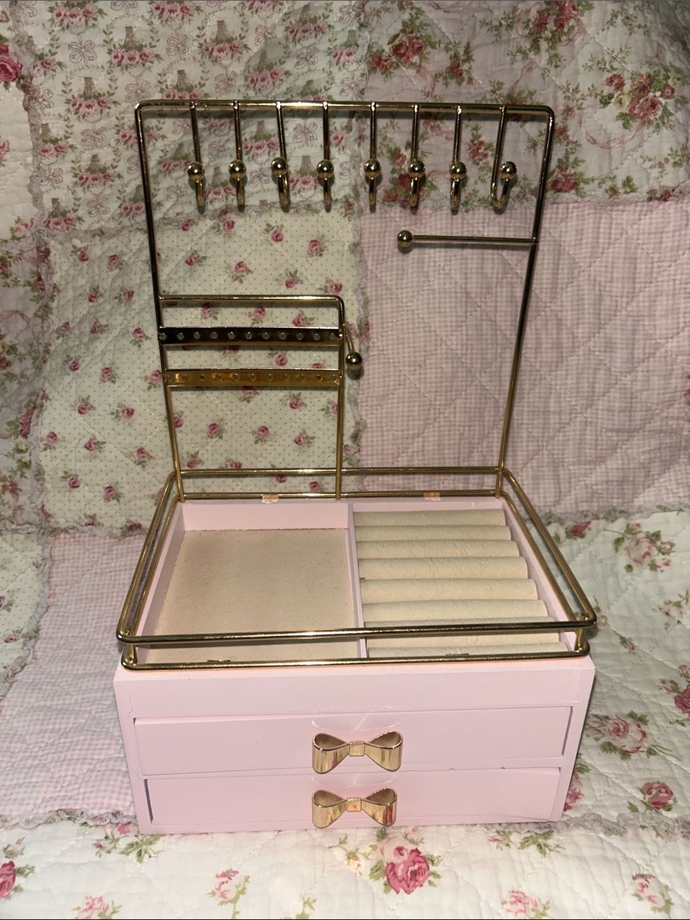 Pink Jewelry Organizer Box with Bow Gold Accents and Ring Holder